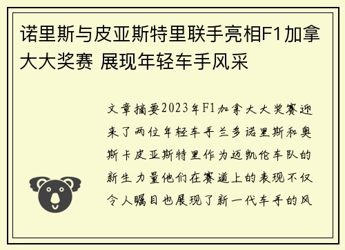 诺里斯与皮亚斯特里联手亮相F1加拿大大奖赛 展现年轻车手风采